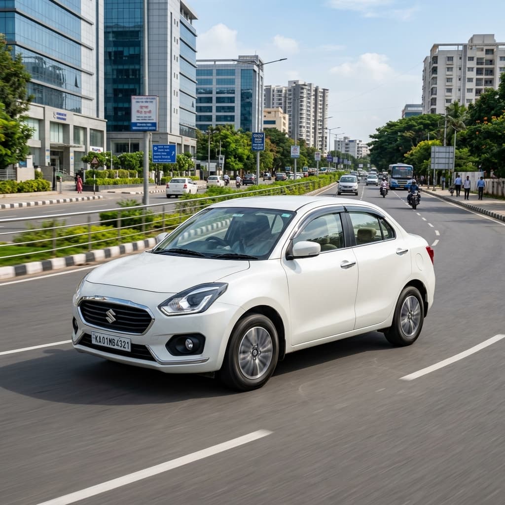 Economy sedan on a modern Indian city road