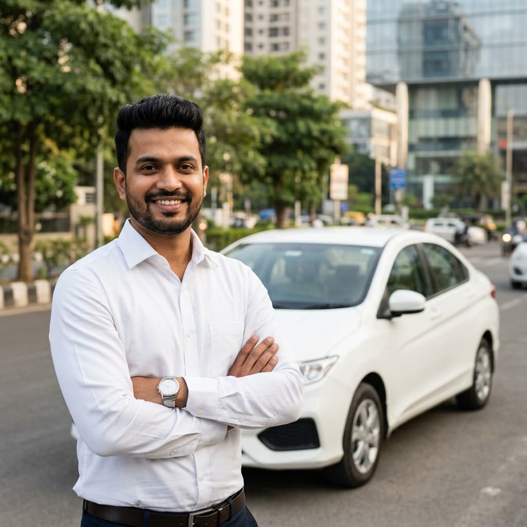 Professional taxi driver standing confidently next to a clean sedan